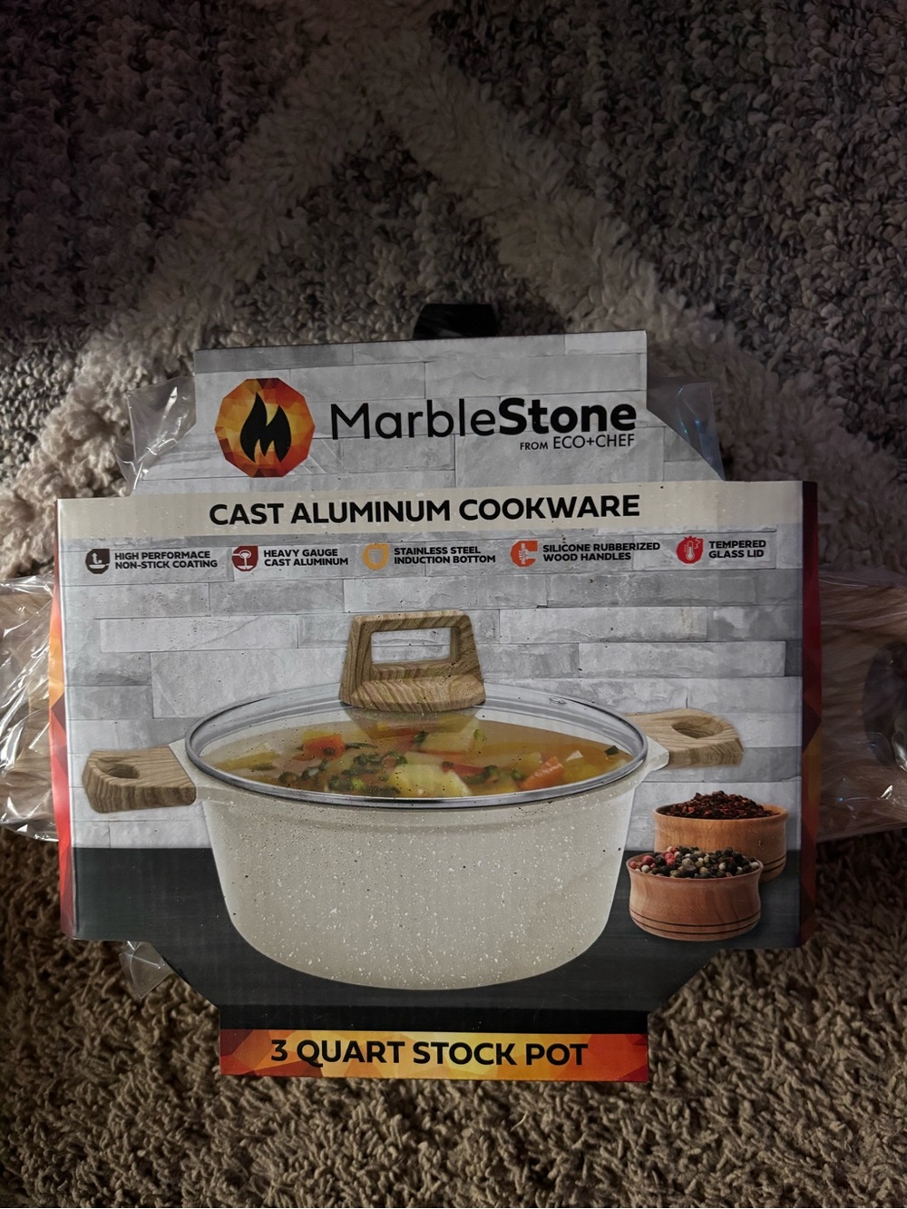 MARBLE Stone-Effect White 3-Quart Stock Pot with Wood-Effect Handles
